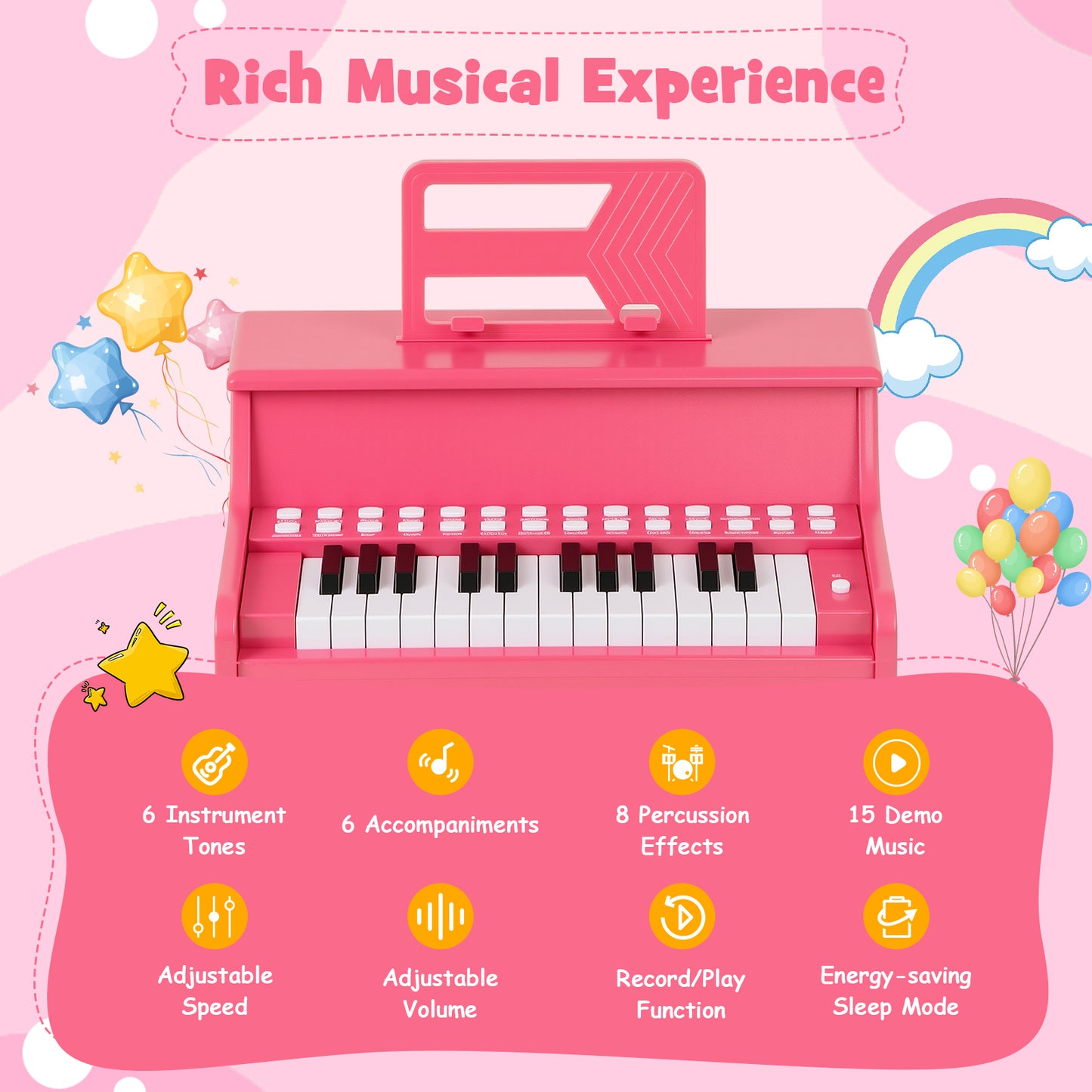 25 Key Mini Digital Piano | Teaching Mode & Lights | Pink