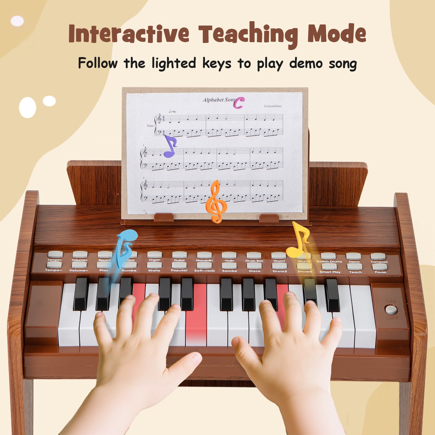 Brown 25 Key Kids Piano | Teaching Mode & Music Stand Included