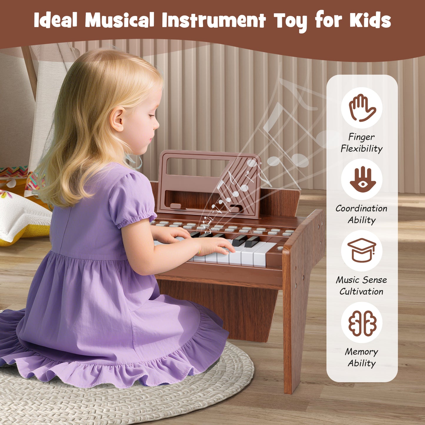 Brown 25 Key Kids Piano | Teaching Mode & Music Stand Included