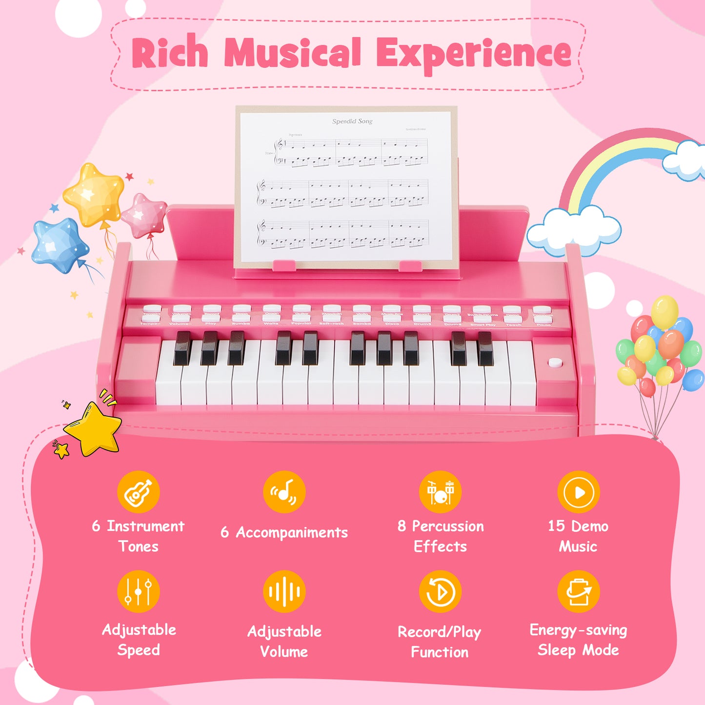 Pink 25 Key Mini Digital Piano | Teaching Mode & Music Stand