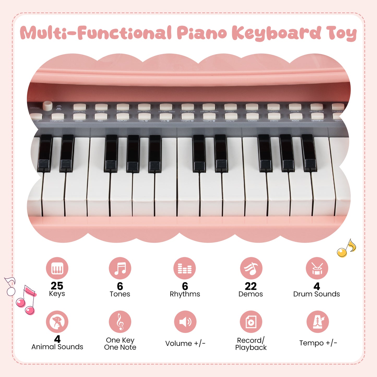 Pink 25 Key Kids Piano | Microphone & Music Stand Included