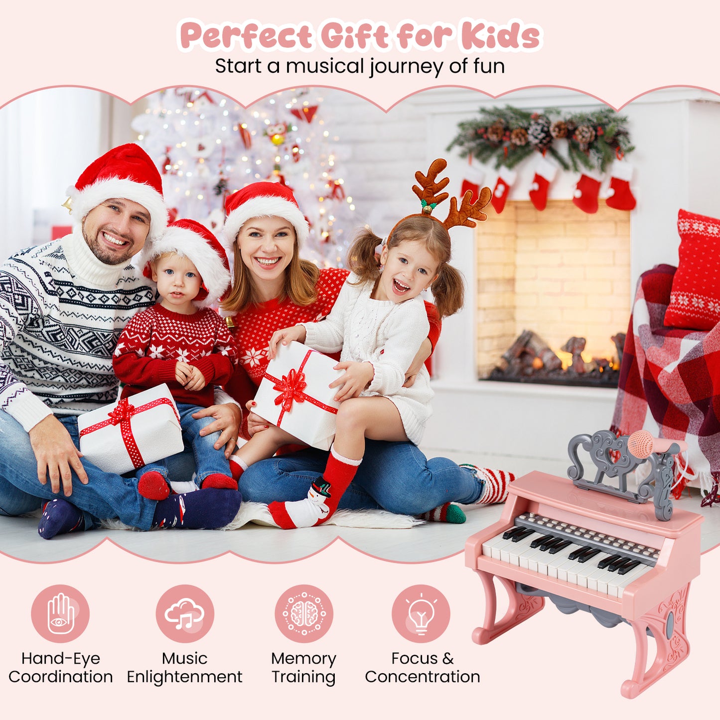 Pink 25 Key Kids Piano | Microphone & Music Stand Included