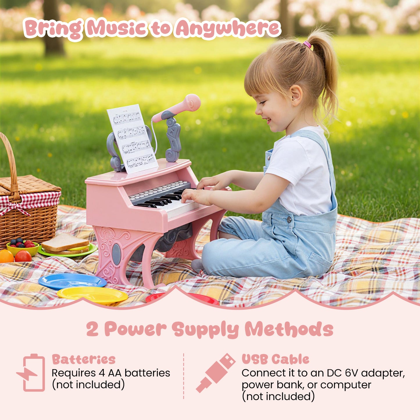 Pink 25 Key Kids Piano | Microphone & Music Stand Included