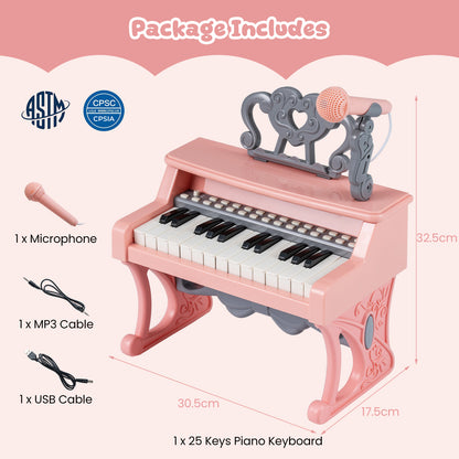 Pink 25 Key Kids Piano | Microphone & Music Stand Included