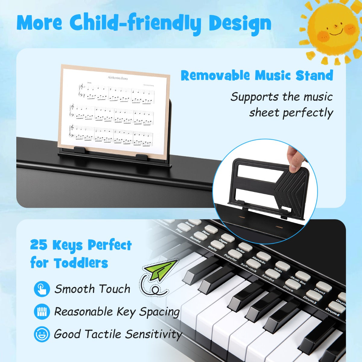 25 Key Digital Piano with Teaching Mode & Stool | Black