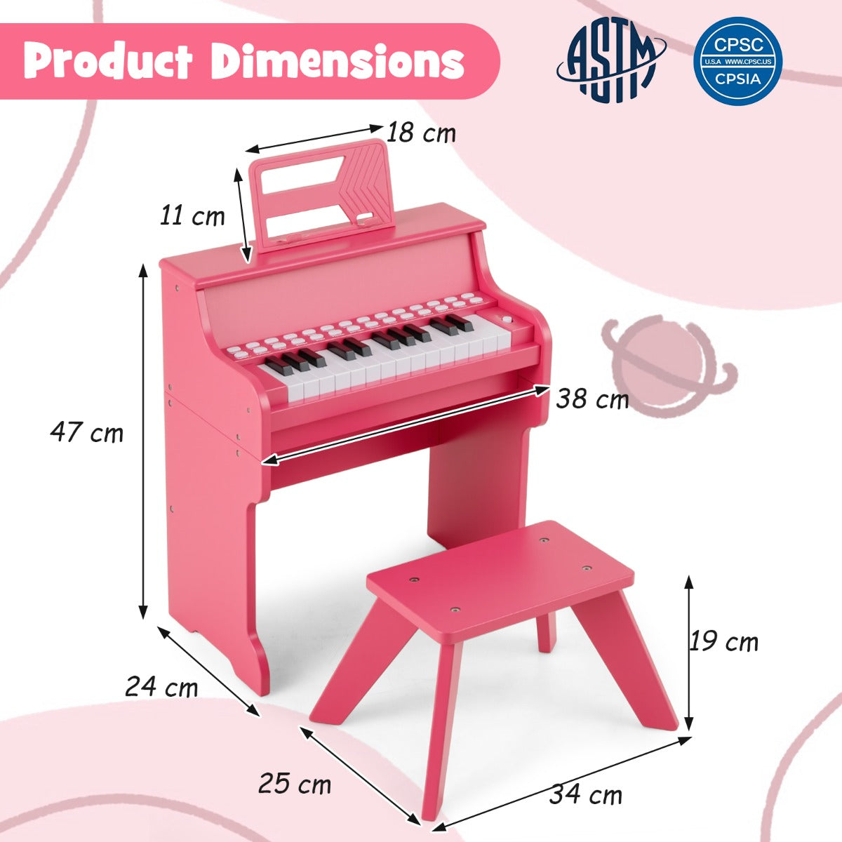 25 Key Digital Piano Keyboard with Stool | Pink Kids Toy