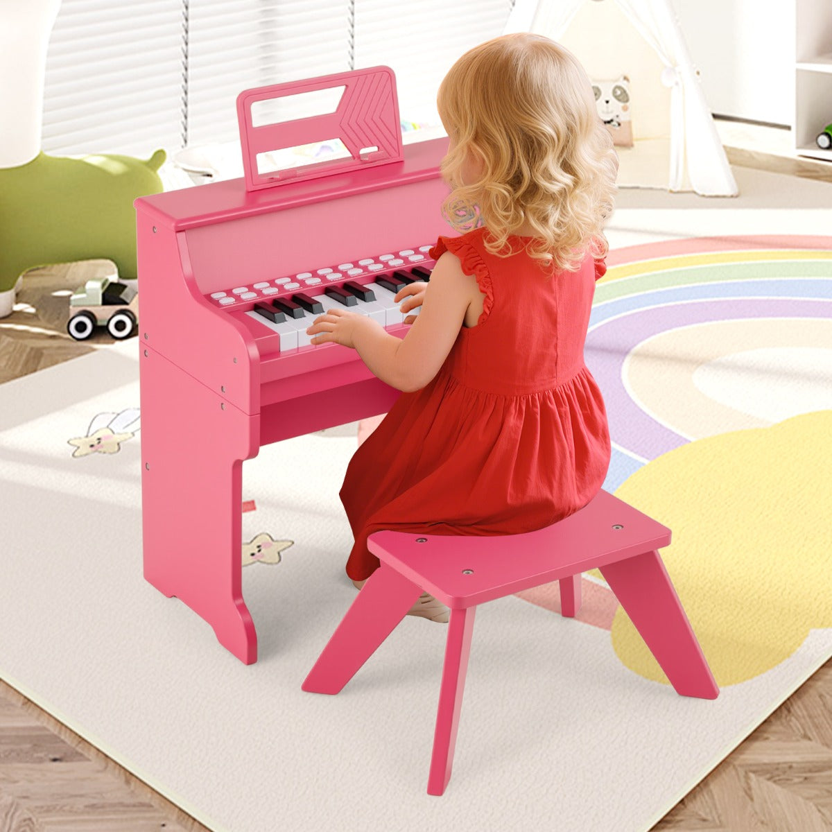 25 Keys Kids Piano Keyboard with Stool-Pink