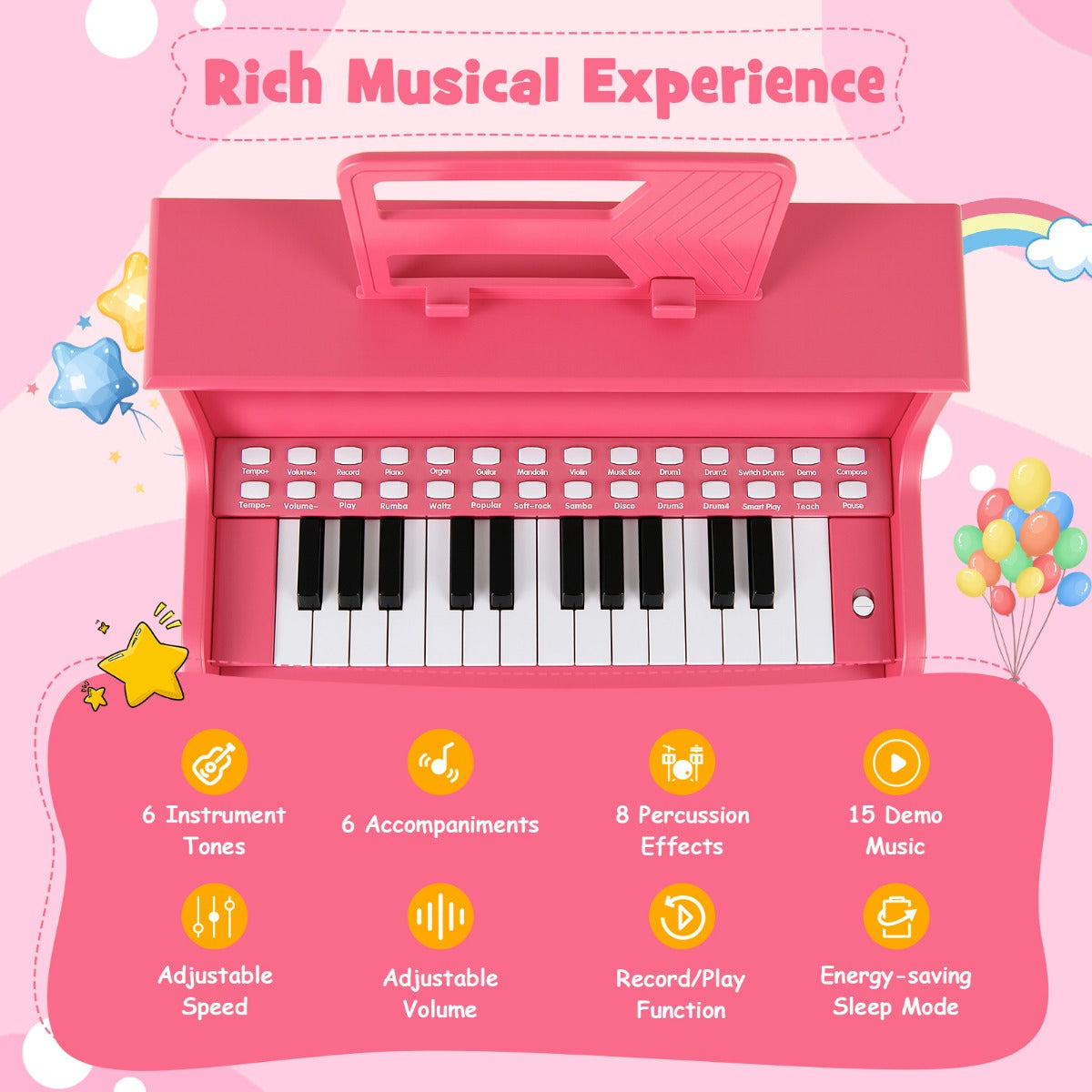 25 Key Digital Piano Keyboard with Stool | Pink Kids Toy