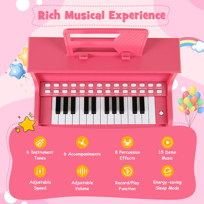 25 Key Digital Piano Keyboard with Stool | Pink Kids Toy