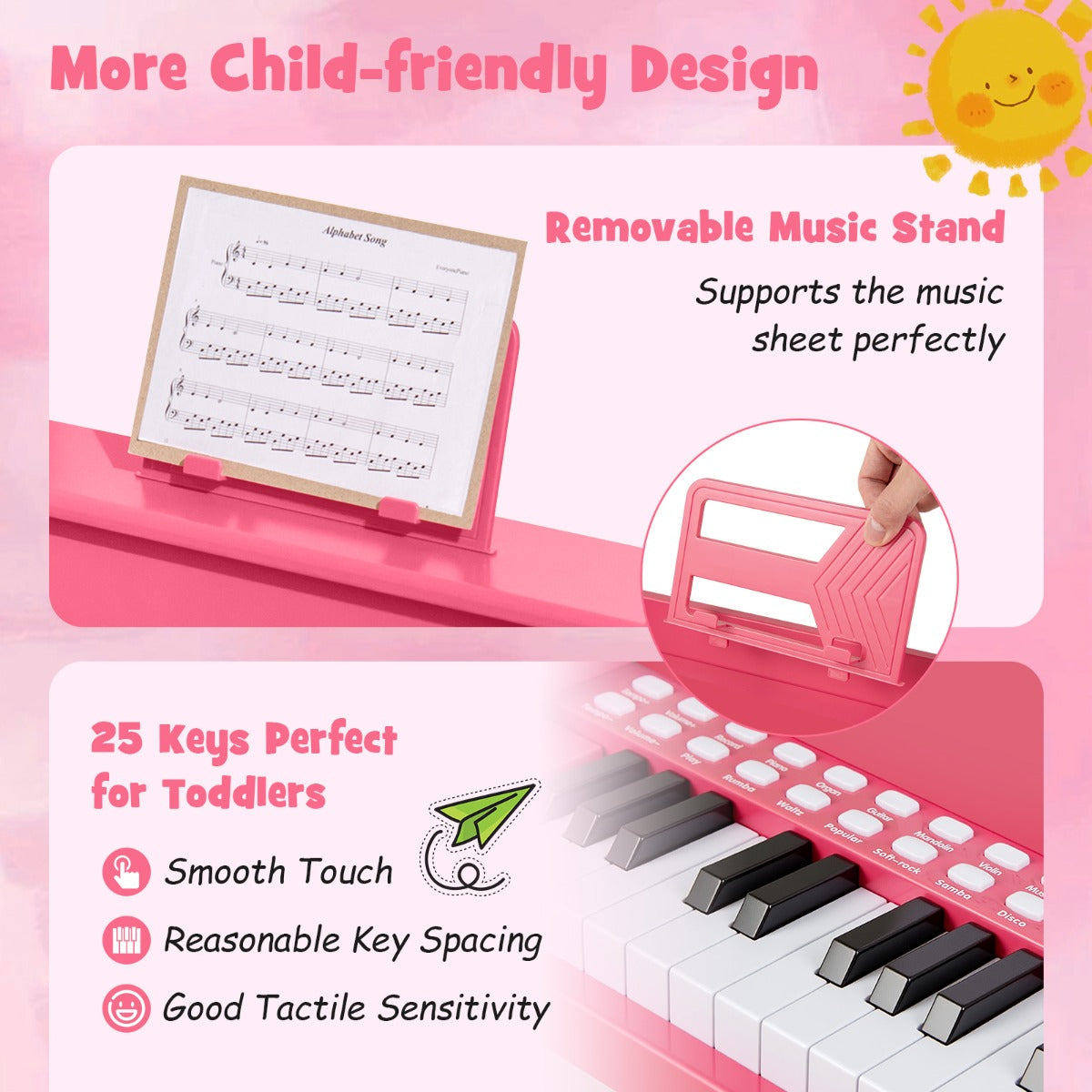 25 Key Digital Piano Keyboard with Stool | Pink Kids Toy