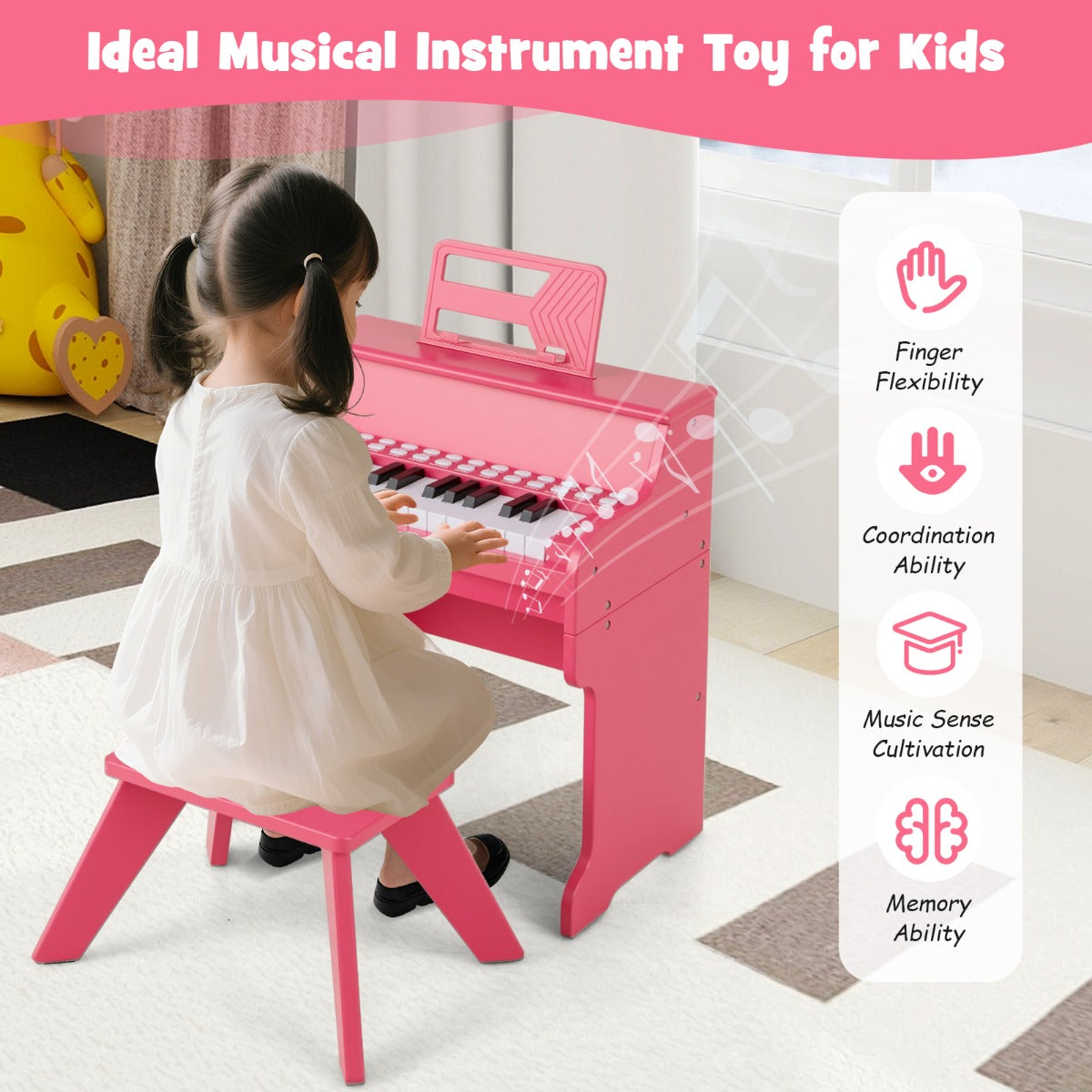 25 Key Digital Piano Keyboard with Stool | Pink Kids Toy