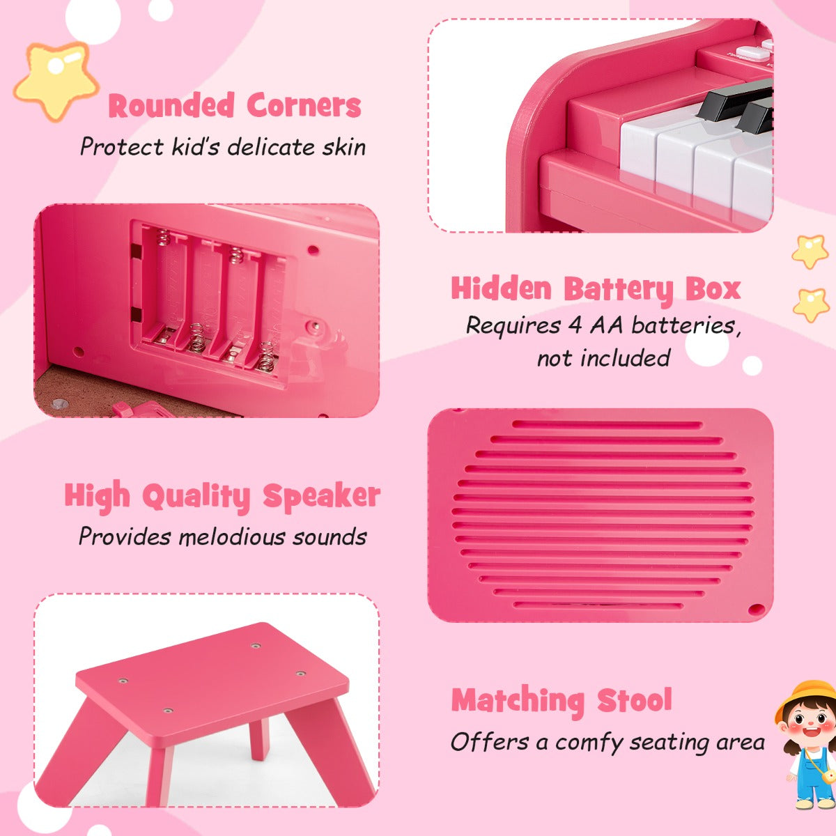 25 Key Digital Piano Keyboard with Stool | Pink Kids Toy