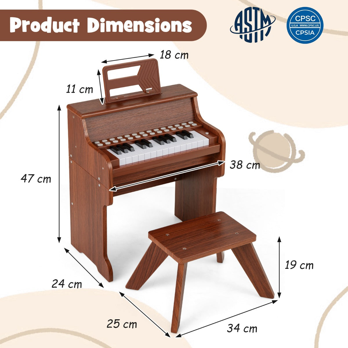 25 Key Digital Piano with Stool & Light Up Keys | Brown