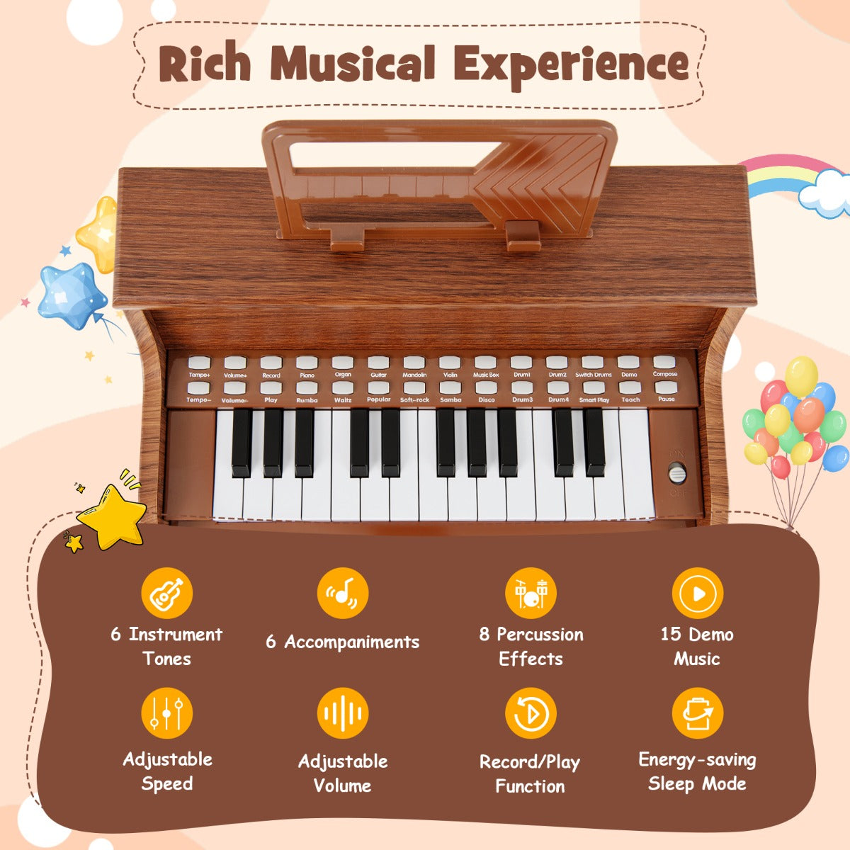 25 Key Digital Piano with Stool & Light Up Keys | Brown