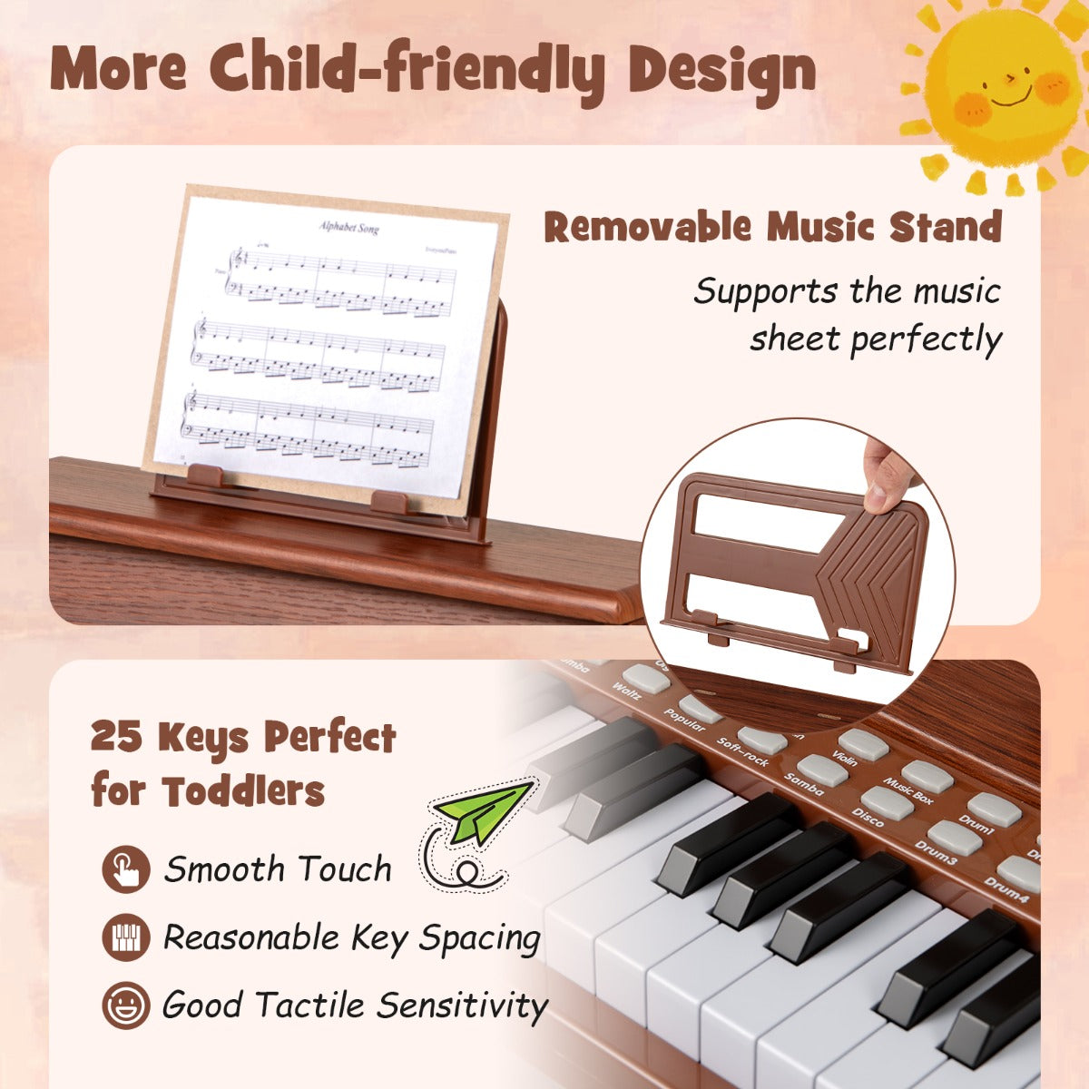 25 Key Digital Piano with Stool & Light Up Keys | Brown