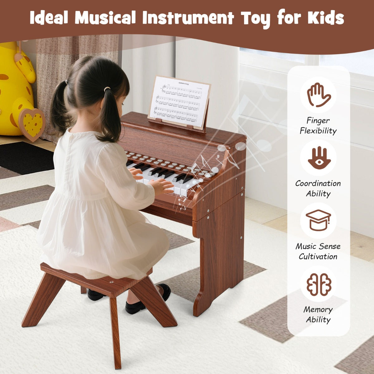 25 Key Digital Piano with Stool & Light Up Keys | Brown