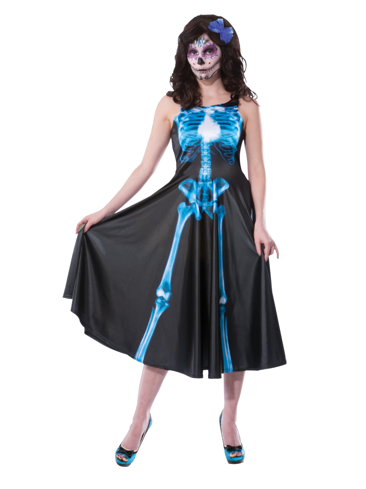 Adult Voodoo Dancer Skeleton Dress Costume with Glow-in-the-Dark Print, ideal for spooky parties.