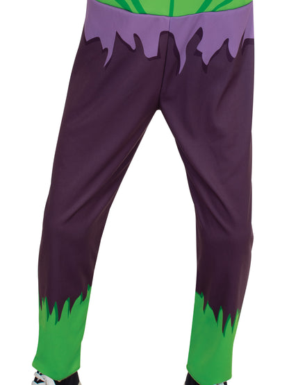 Purple and green pants with a unique design on a white background