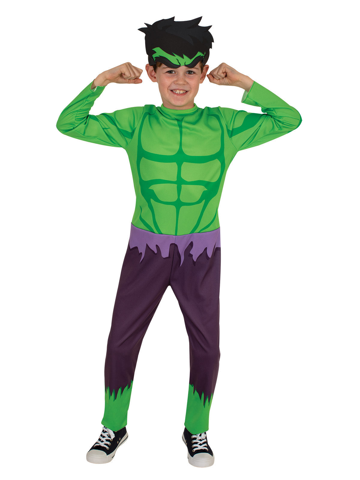Child wearing a Hulk green superhero costume with black hair on a white background