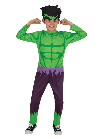 Child wearing a Hulk green superhero costume with black hair on a white background