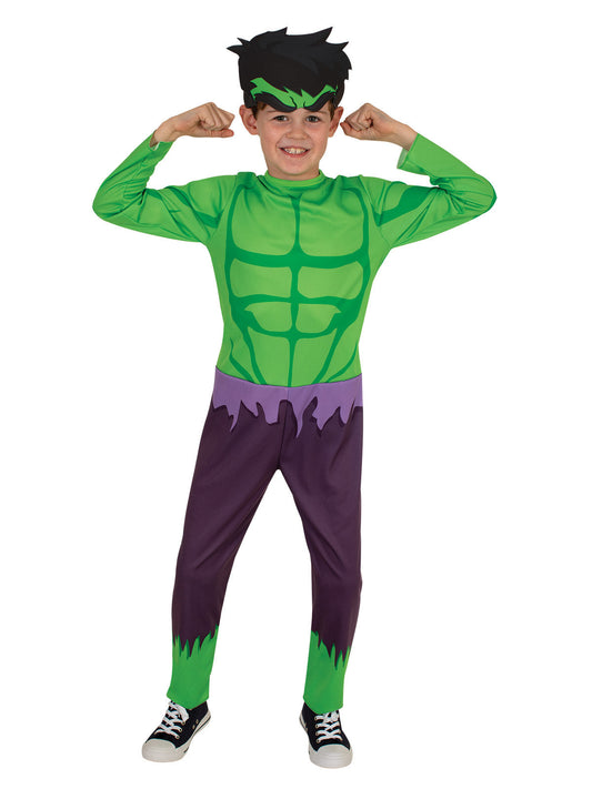 Child wearing a Hulk green superhero costume with black hair on a white background