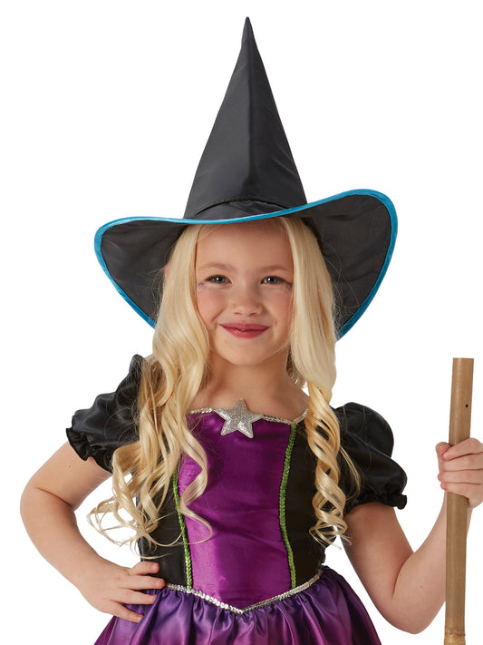 Kids ombre witch Halloween costume with printed dress and hat for festive home play.