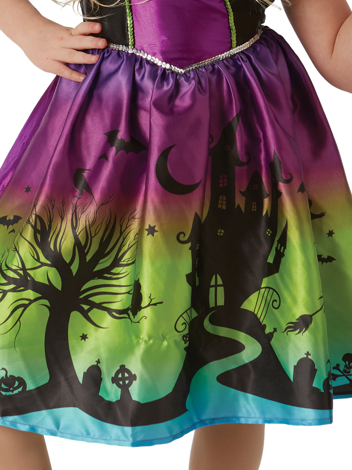 Kids ombre witch Halloween costume set with printed dress and hat for playful dress-up.