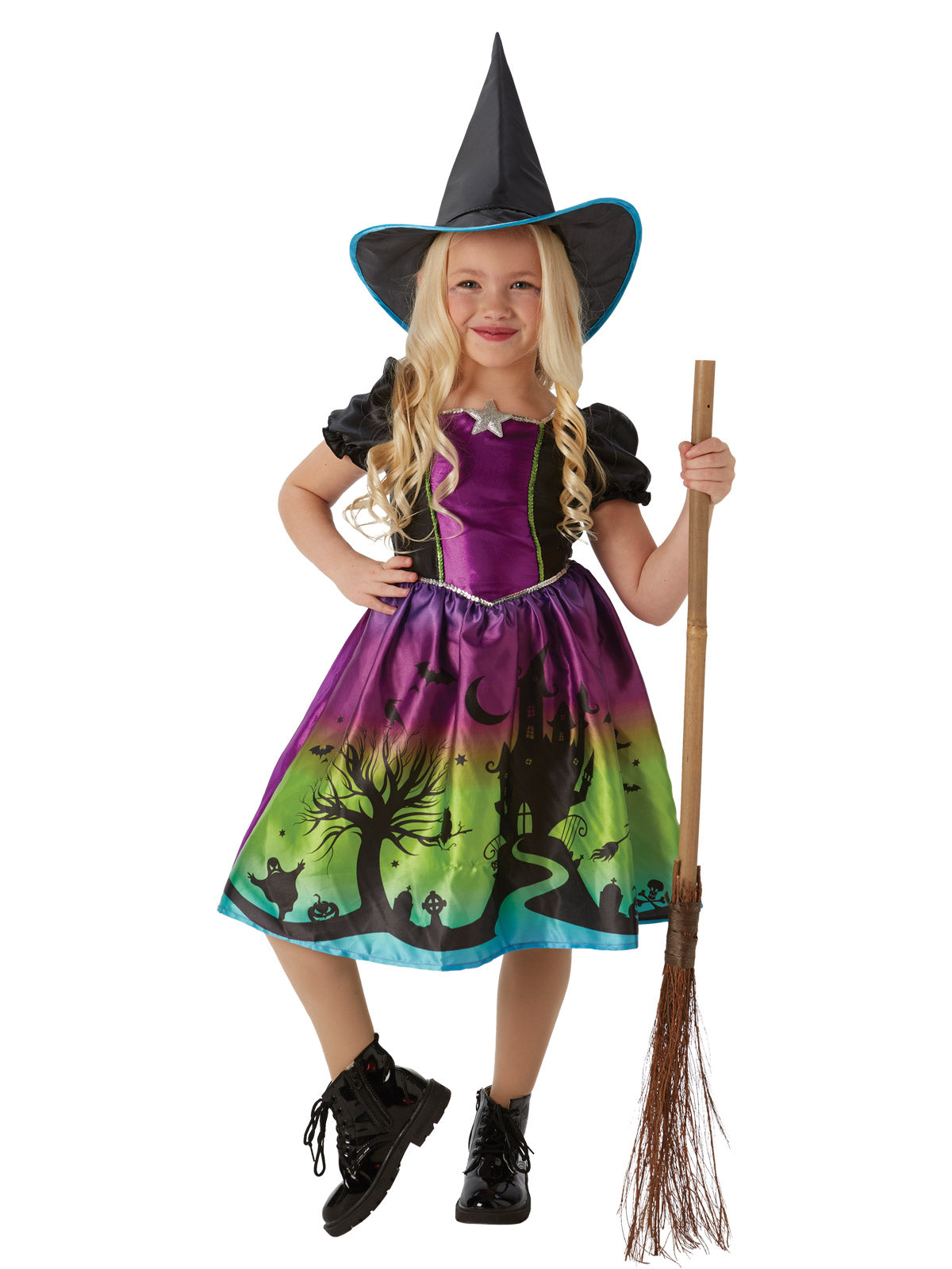 Ombre Witch Halloween Costume for Kids | Printed dress and hat, perfect for spooky fun at home.