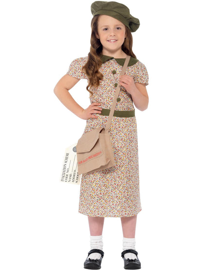 WW2 Evacuee Girl Costume | Green Beret Floral Dress & Satchel