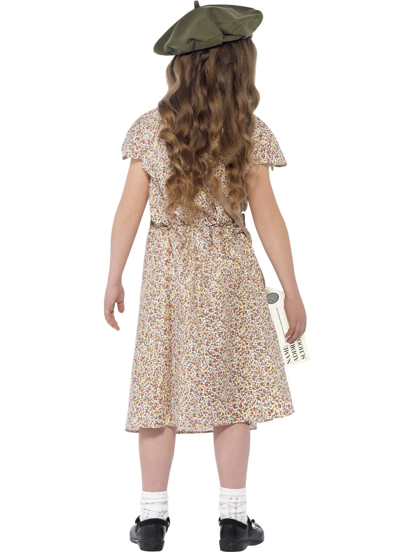 WW2 Evacuee Girl Costume | Green Beret Floral Dress & Satchel