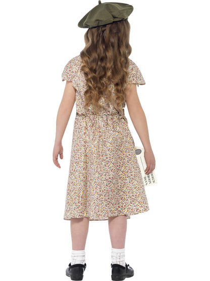 WW2 Evacuee Girl Costume | Green Beret Floral Dress & Satchel