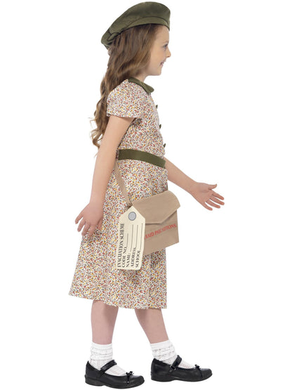 WW2 Evacuee Girl Costume | Green Beret Floral Dress & Satchel