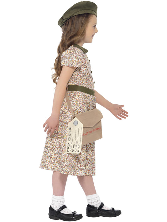 WW2 Evacuee Girl Costume | Green Beret Floral Dress & Satchel