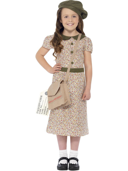 WW2 Evacuee Girl Costume | Green Beret Floral Dress & Satchel
