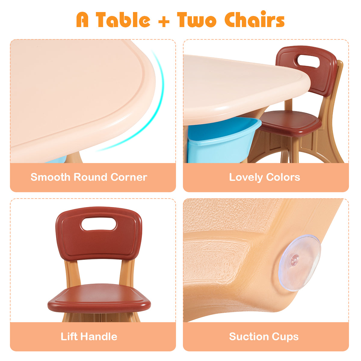 Kids Table and Chair Set with Storage Boxes in Coffee Color, Made of Durable PE Material. 