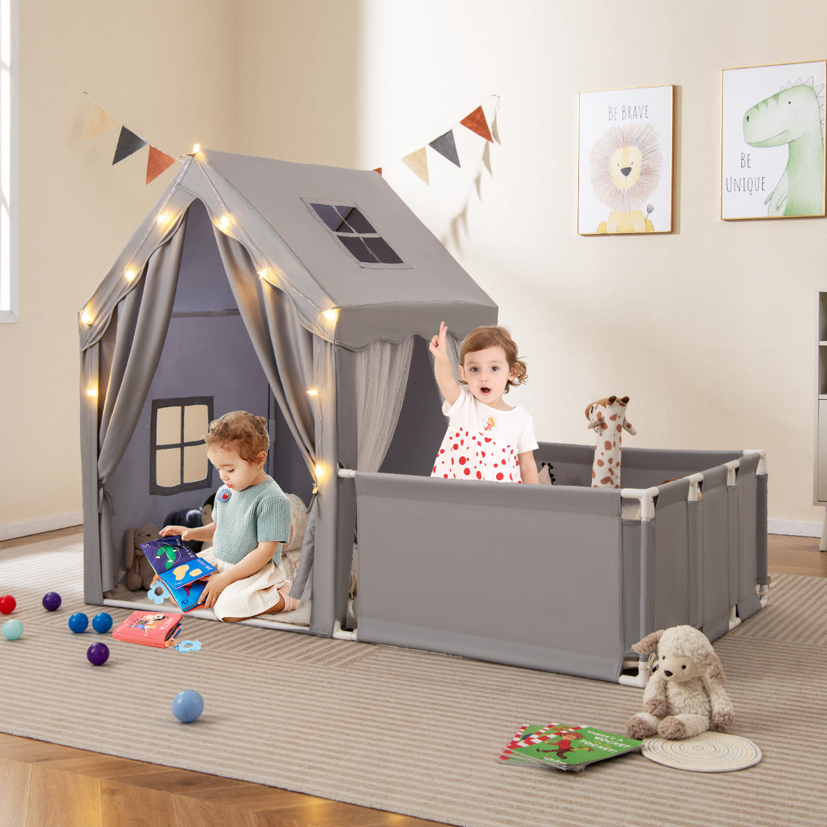Kids Play Tent With Playpen Star Lights Cotton Mat Grey | 2in1