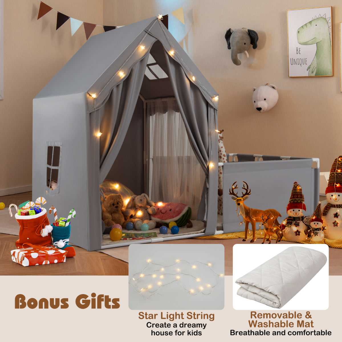Kids Play Tent With Playpen Star Lights Cotton Mat Grey | 2in1