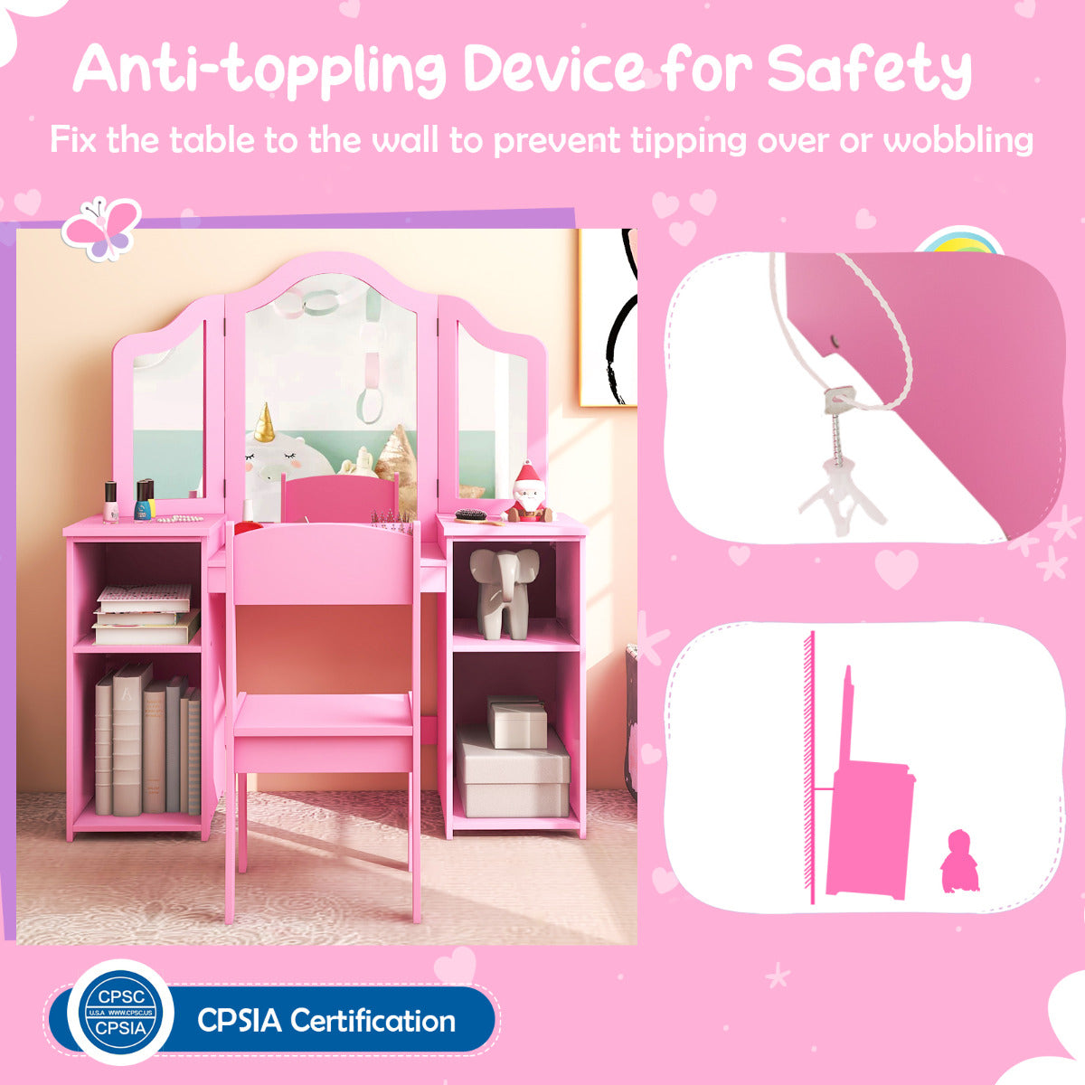 Pink Kids Vanity Table & Chair Set | Tri-Fold Mirror Storage