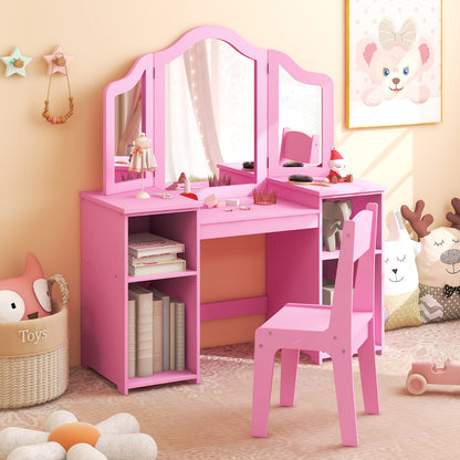 2 In 1 Kids Vanity Table and Chair Set with Removable Tri-fold Mirror-Pink