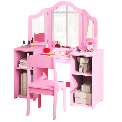 Pink Kids Vanity Table & Chair Set | Tri-Fold Mirror Storage
