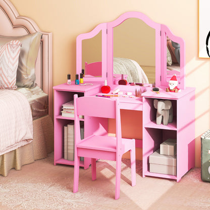 Pink Kids Vanity Table & Chair Set | Tri-Fold Mirror Storage