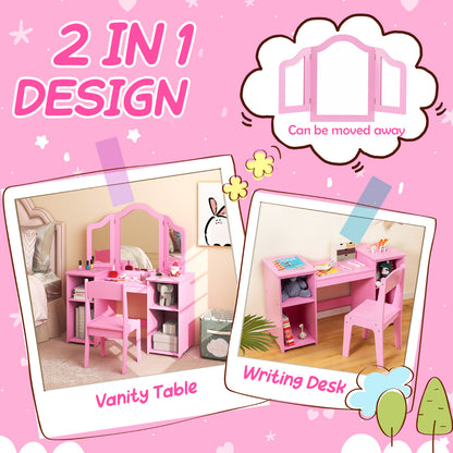 Pink Kids Vanity Table & Chair Set | Tri-Fold Mirror Storage