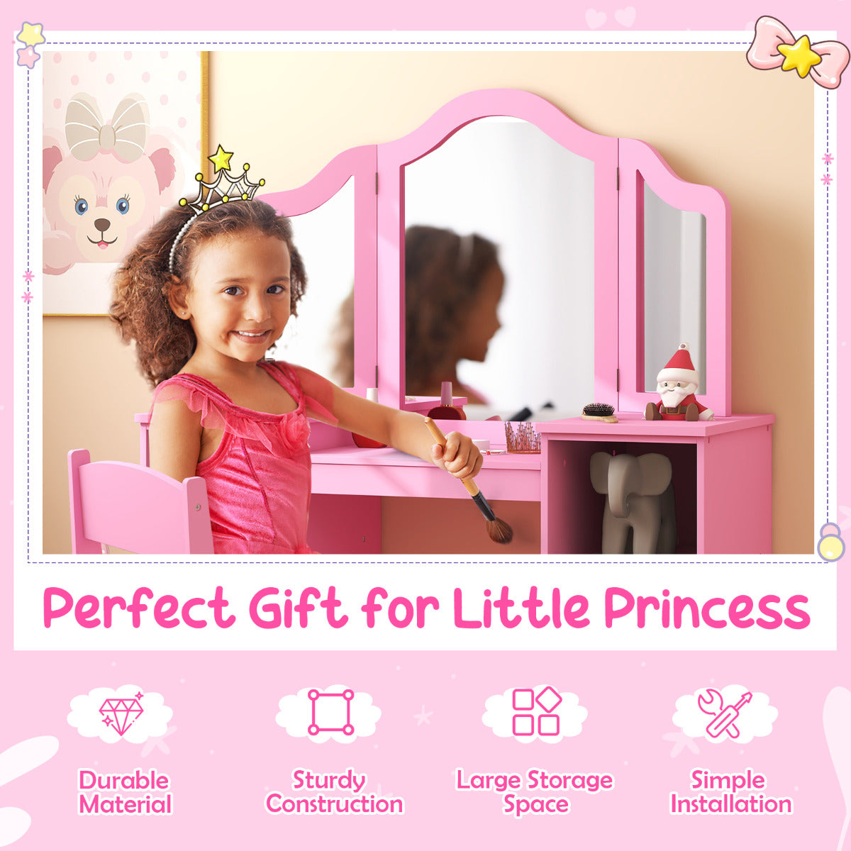 Pink Kids Vanity Table & Chair Set | Tri-Fold Mirror Storage