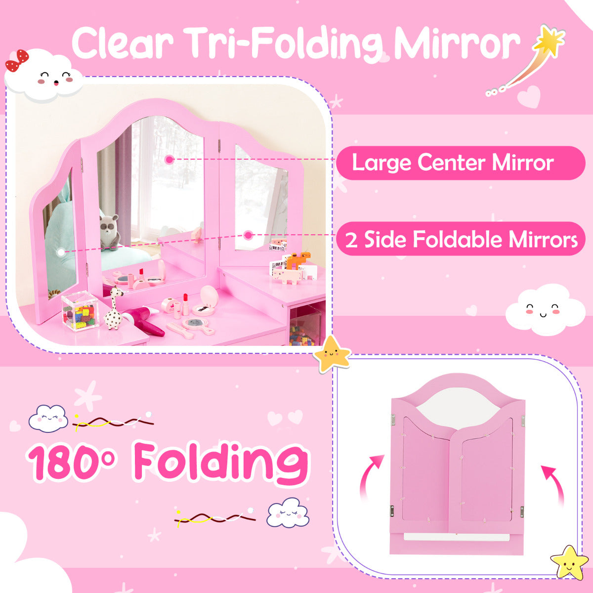 Pink Kids Vanity Table & Chair Set | Tri-Fold Mirror Storage