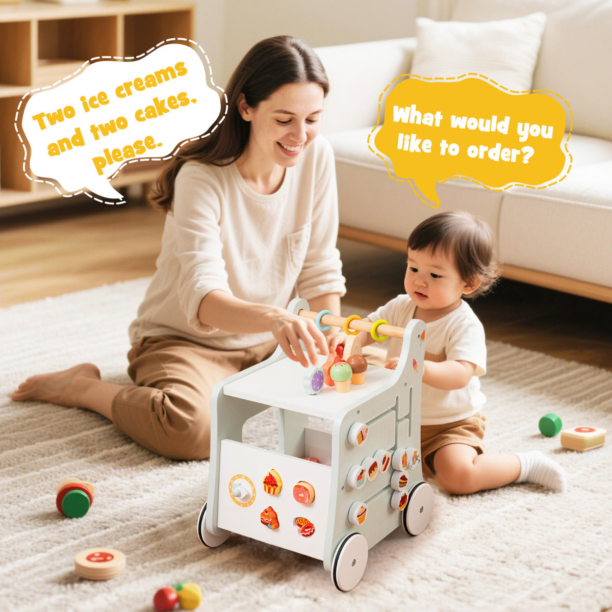 2 In 1 Wooden Baby Walker With Interactive Accessories Light Green