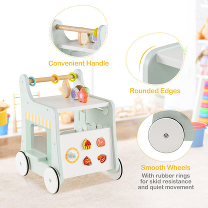 2 In 1 Wooden Baby Walker With Interactive Accessories Light Green