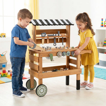 2 In 1 Wooden Kids Cart & Tool Bench | Realistic Tools Brown
