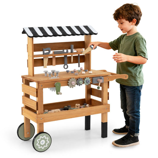 2 In 1 Wooden Kids Cart & Tool Bench | Realistic Tools Brown