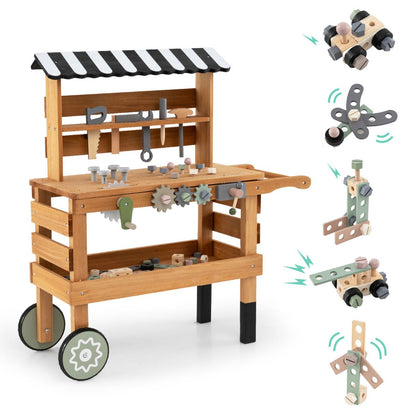 2 In 1 Wooden Kids Cart & Tool Bench | Realistic Tools Brown