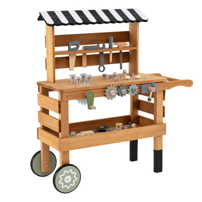 2 In 1 Wooden Kids Cart & Tool Bench | Realistic Tools Brown